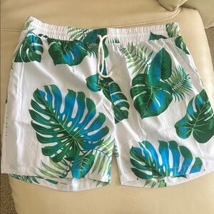 Tropical Leaf Print Men's Swim Shorts - Green and White